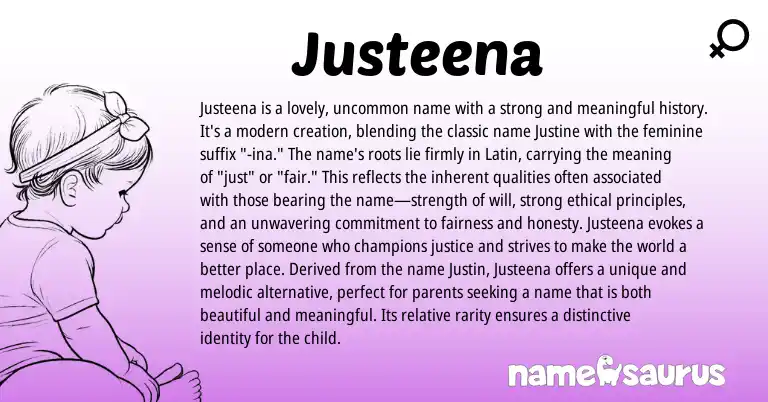 Infographic about Justeena name meaning, Justeena is a name from Latin origin(s).