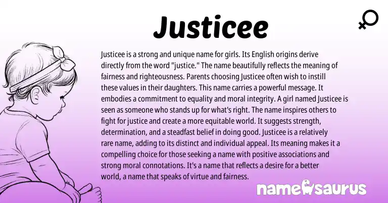 Infographic about Justicee name meaning, Justicee is a name from Persian, English origin(s).