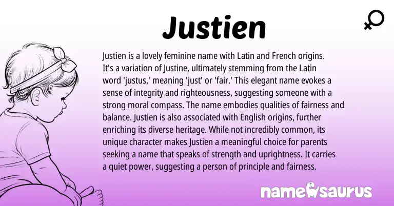 Infographic about Justien name meaning, Justien is a name from Latin, French origin(s).