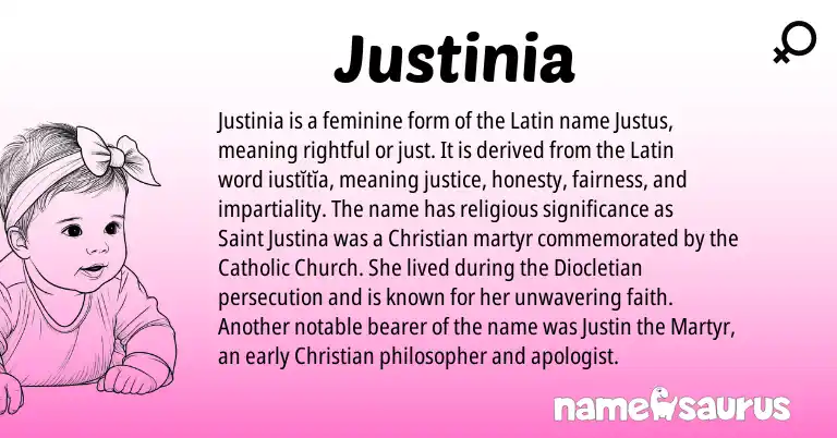 Infographic about Justinia name meaning, Justinia is a name from Latin origin(s).