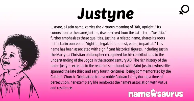 Infographic about Justyne name meaning, Justyne is a name from Latin origin(s).