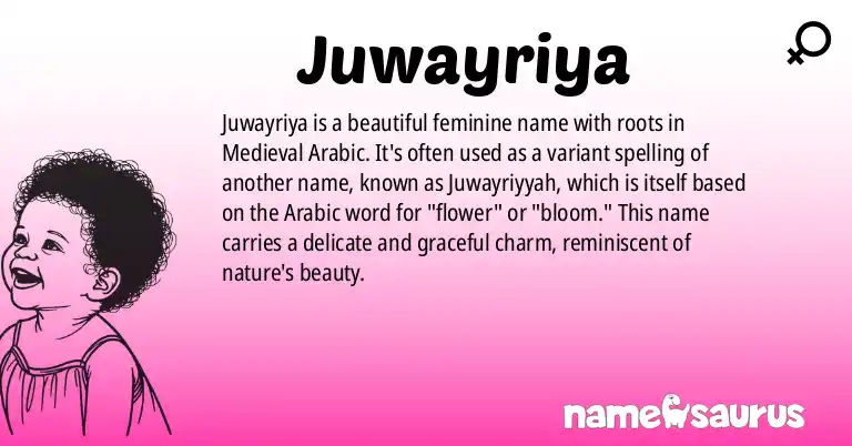 Infographic about Juwayriya name meaning, Juwayriya is a name from Medieval Arabic origin(s).