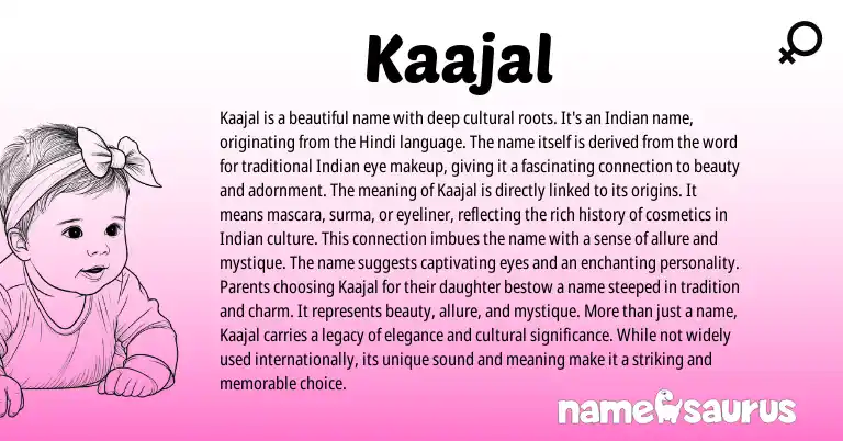 Infographic about Kaajal name meaning, Kaajal is a name from Indian origin(s).