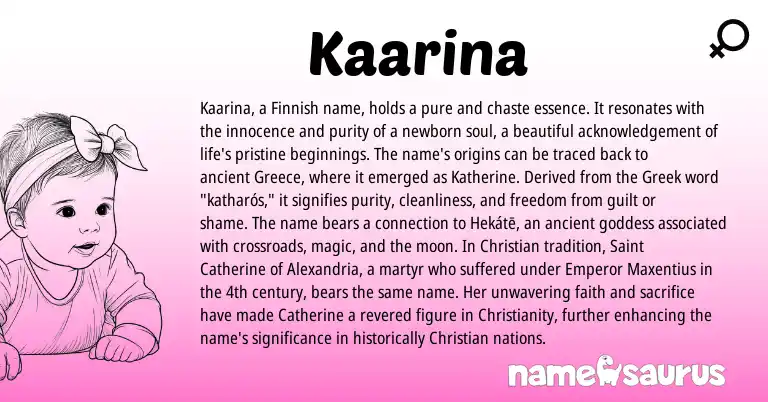 Infographic about Kaarina name meaning, Kaarina is a name from Finnish, Christianity, Greek, Greece origin(s).