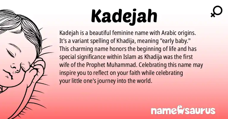 Infographic about Kadejah name meaning, Kadejah is a name from Arabic origin(s).