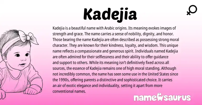 Infographic about Kadejia name meaning, Kadejia is a name from Arabic origin(s).