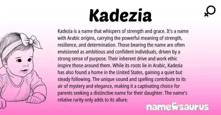 Infographic about Kadezia name meaning, Kadezia is a name from Arabic origin(s).