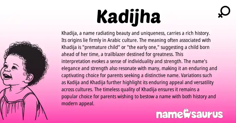 Infographic about Kadijha name meaning, Kadijha is a name from Arabic origin(s).
