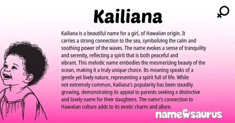 Infographic about Kailiana name meaning, Kailiana is a name from Hawaiian origin(s).