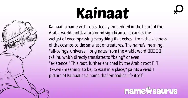Infographic about Kainaat name meaning, Kainaat is a name from Arabic, Urdu, Persian origin(s).
