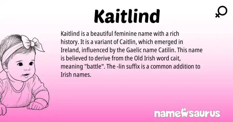 Infographic about Kaitlind name meaning, Kaitlind is a name from Irish, Ireland, Gaelic, Old Irish origin(s).