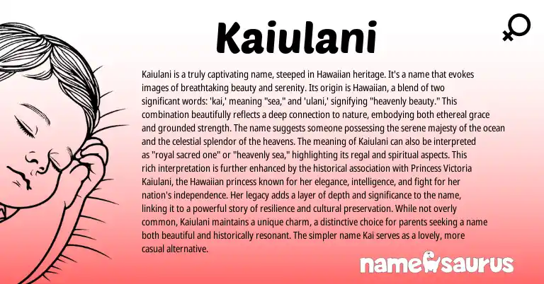 Infographic about Kaiulani name meaning, Kaiulani is a name from Hawaiian origin(s).