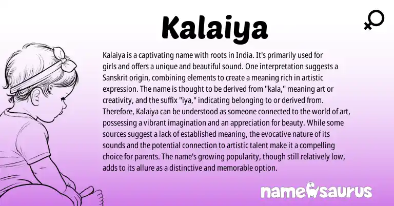 Infographic about Kalaiya name meaning, Kalaiya is a name from Sanskrit, Hindi origin(s).