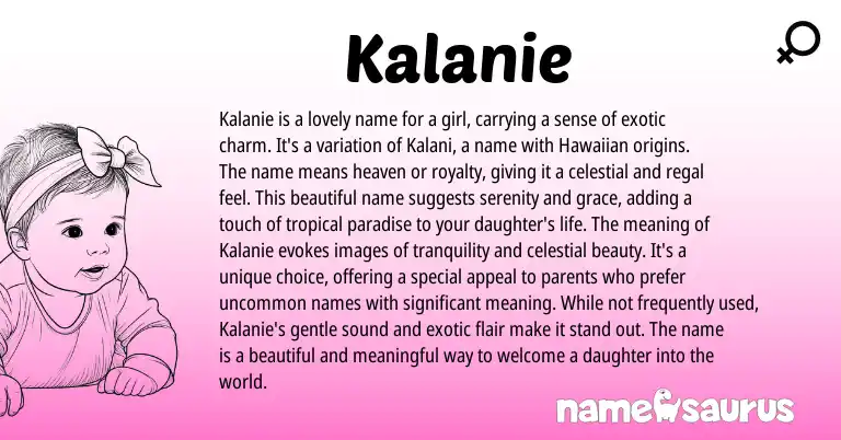 Infographic about Kalanie name meaning, Kalanie is a name from Hawaiian origin(s).