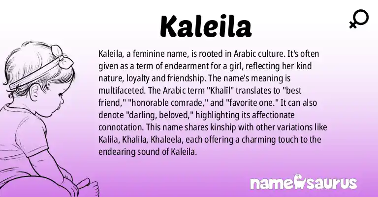 Infographic about Kaleila name meaning, Kaleila is a name from Arabic origin(s).