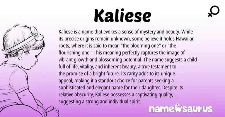 Infographic about Kaliese name meaning, Kaliese is a name from Hawaiian origin(s).