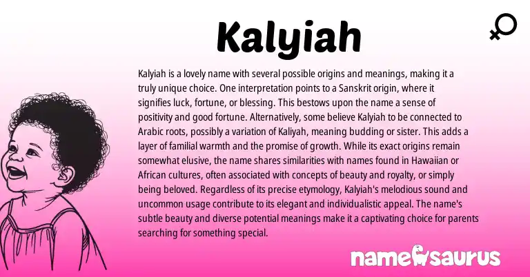 Infographic about Kalyiah name meaning, Kalyiah is a name from Sanskrit, Arabic origin(s).