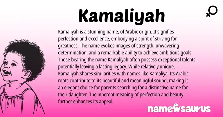 Infographic about Kamaliyah name meaning, Kamaliyah is a name from Arabic origin(s).