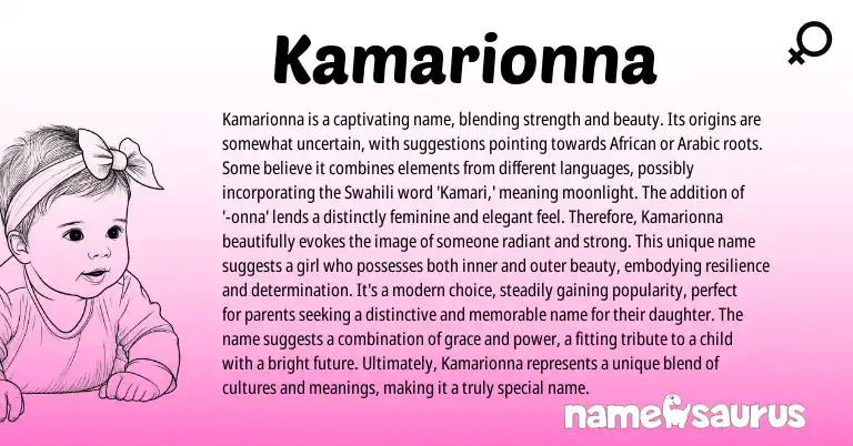 Infographic about Kamarionna name meaning, Kamarionna is a name from Swahili origin(s).