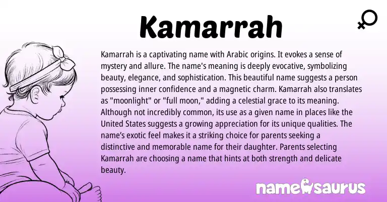 Infographic about Kamarrah name meaning, Kamarrah is a name from Arabic origin(s).