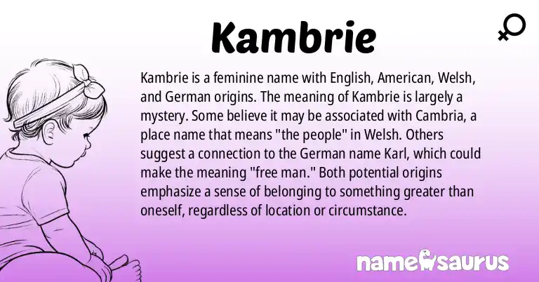 Infographic about Kambrie name meaning, Kambrie is a name from English (American), Welsh, German origin(s).