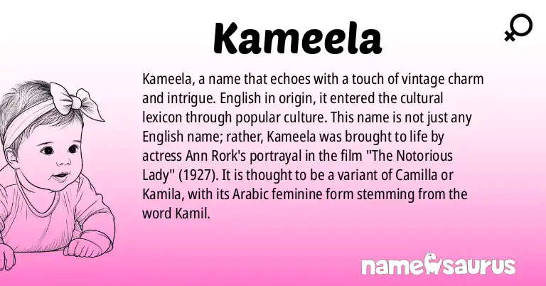 Infographic about Kameela name meaning, Kameela is a name from English, Popular Culture origin(s).