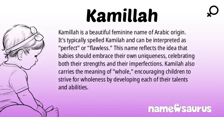 Infographic about Kamillah name meaning, Kamillah is a name from Arabic origin(s).
