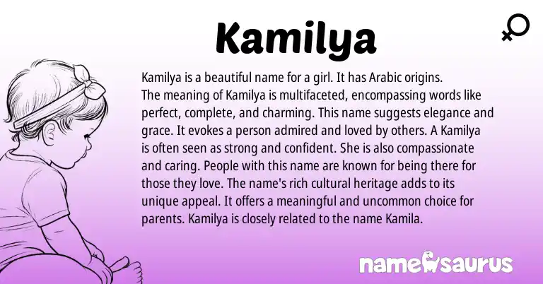 Infographic about Kamilya name meaning, Kamilya is a name from Arabic origin(s).