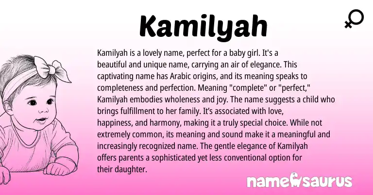Infographic about Kamilyah name meaning, Kamilyah is a name from Arabic origin(s).