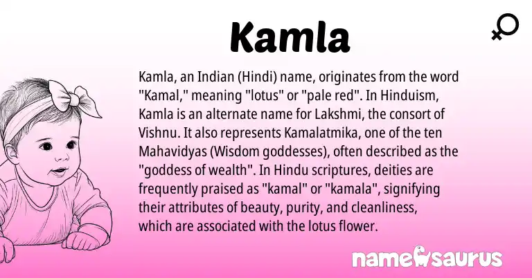 Infographic about Kamla name meaning, Kamla is a name from Hinduism, Hindi, Indian, Hindu origin(s).
