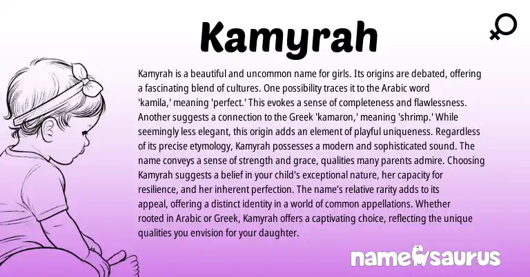 Infographic about Kamyrah name meaning, Kamyrah is a name from Greek, Arabic origin(s).