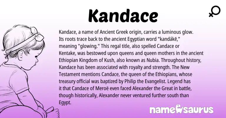 Infographic about Kandace name meaning, Kandace is a name from Egyptian, Ethiopian, Ancient Greek origin(s).