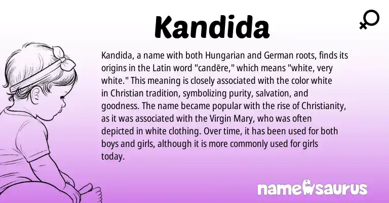 Infographic about Kandida name meaning, Kandida is a name from German, Hungarian, Christianity, Latin origin(s).