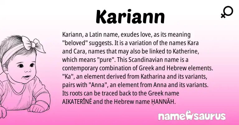 Infographic about Kariann name meaning, Kariann is a name from Scandinavian, Latin, Hebrew, Greek origin(s).