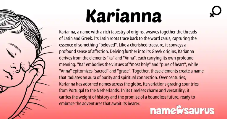 Infographic about Karianna name meaning, Karianna is a name from Netherlands, Latin, Portugal, Greek origin(s).