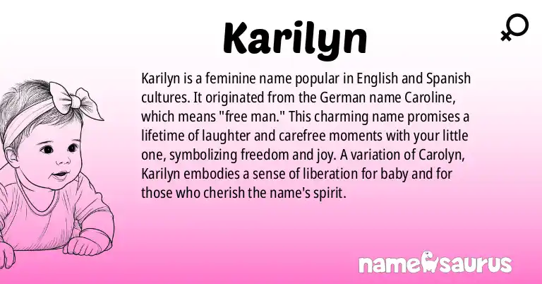 Infographic about Karilyn name meaning, Karilyn is a name from English (American), Spanish (Latin American), German origin(s).