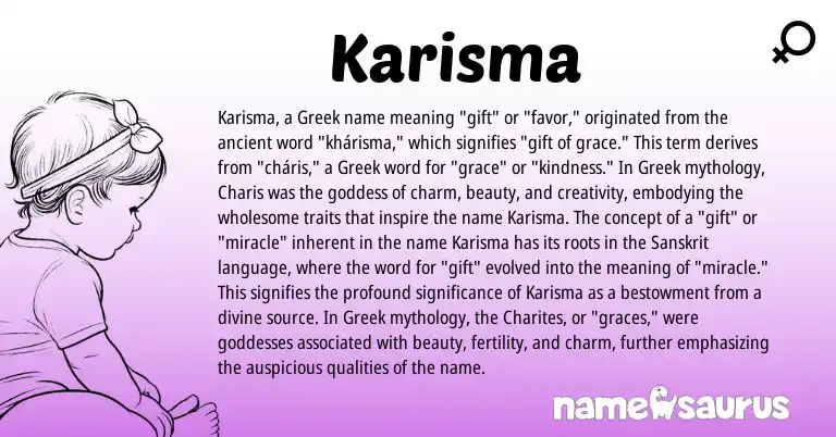 Infographic about Karisma name meaning, Karisma is a name from Sanskrit, Greek origin(s).