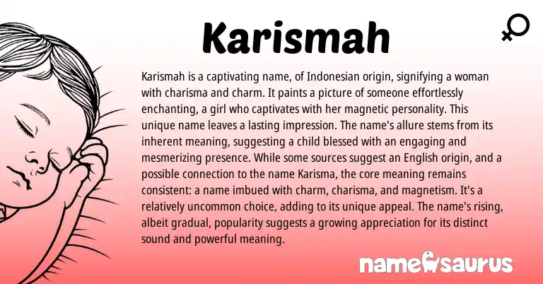 Infographic about Karismah name meaning, Karismah is a name from Indonesian origin(s).