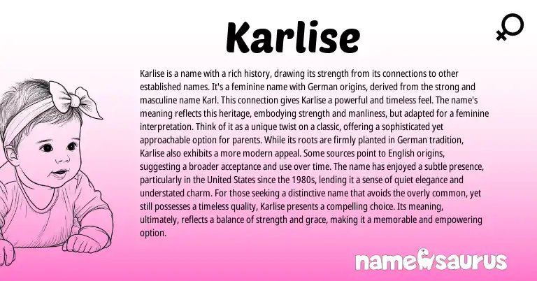 Infographic about Karlise name meaning, Karlise is a name from Germanic origin(s).