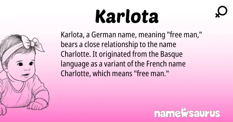 Infographic about Karlota name meaning, Karlota is a name from German, French, Basque origin(s).