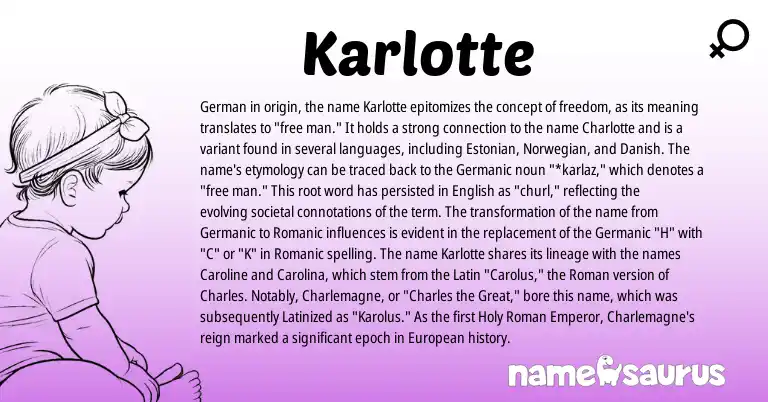 Infographic about Karlotte name meaning, Karlotte is a name from Danish, English, European, Norwegian, Germanic, Latin, Roman, German, Estonian origin(s).