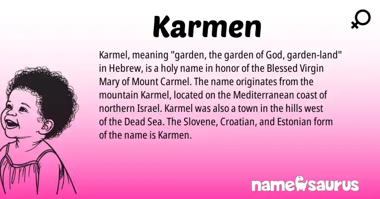 Infographic about Karmen name meaning, Karmen is a name from Croatian, Slovene, Estonian, Hebrew origin(s).