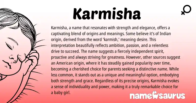 Infographic about Karmisha name meaning, Karmisha is a name from Indian origin(s).