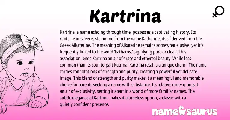 Infographic about Kartrina name meaning, Kartrina is a name from English, Greek origin(s).