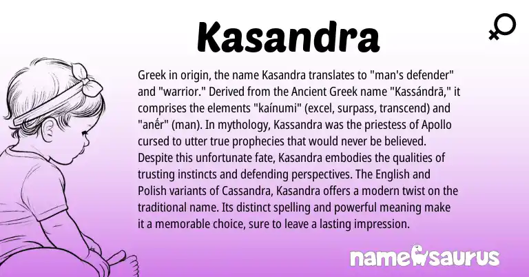 Infographic about Kasandra name meaning, Kasandra is a name from English, Ancient Greek, Polish, Greek origin(s).