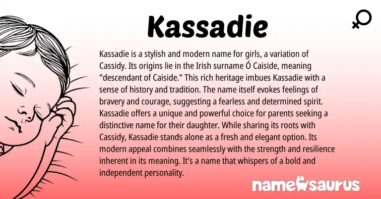 Infographic about Kassadie name meaning, Kassadie is a name from Irish, American origin(s).