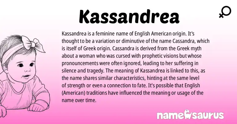 Infographic about Kassandrea name meaning, Kassandrea is a name from English (American) origin(s).