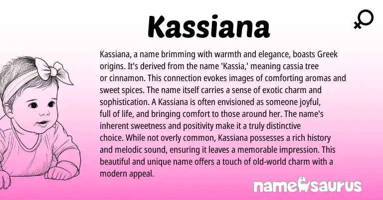 Infographic about Kassiana name meaning, Kassiana is a name from Greek origin(s).