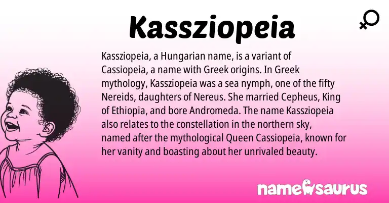 Infographic about Kassziopeia name meaning, Kassziopeia is a name from Hungarian, Ethiopia, Greek origin(s).