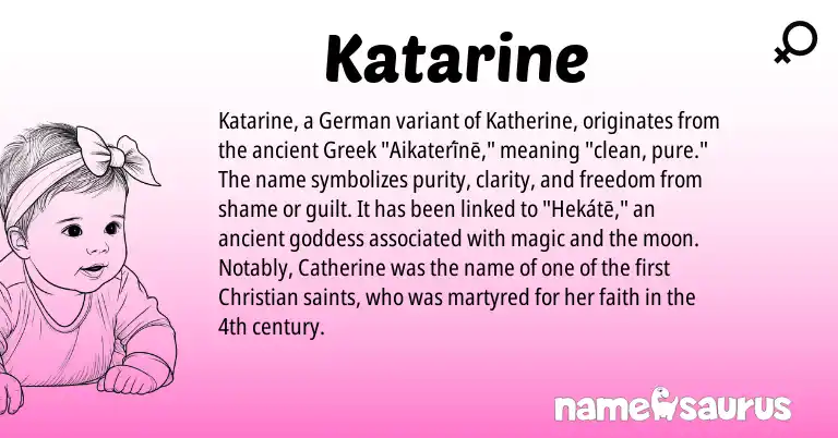 Infographic about Katarine name meaning, Katarine is a name from German, Greek origin(s).